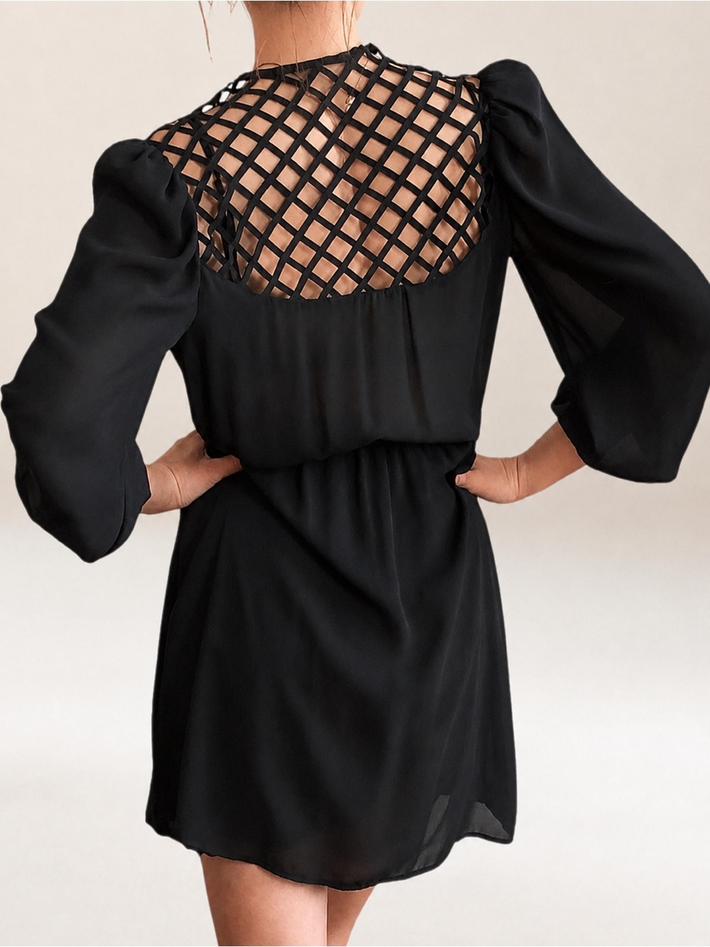 Vintage Black Sheer V Neck Backless Mini Dress Caged Style Lattice Open Back S - Picture 4 of 16
